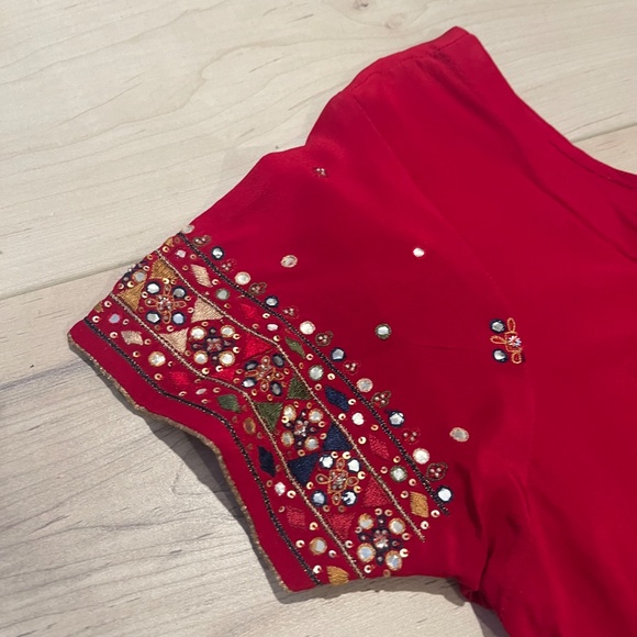 Women’s Indian 3 Piece Red Silk Sequin Top & Pants w Matching Wrap-Large - Picture 7 of 12